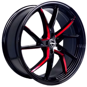 20″ ELEGANCE WHEELS SHARP GLOSS BLACK WITH CANDY RED MILLED AND GLOSS BLACK LIP FINISH RIMS