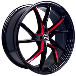 22″ ELEGANCE WHEELS SHARP GLOSS BLACK WITH CANDY RED MILLED AND GLOSS BLACK LIP FINISH RIMS