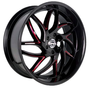 22″ ELEGANCE WHEELS MAGIC GLOSS BLACK WITH CANDY RED MILLED AND GLOSS BLACK LIP FINISH RIMS