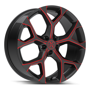 20″ XCESS WHEELS X05 5 FLAKE GLOSS BLACK WITH CANDY RED MILLED FINISH RIMS