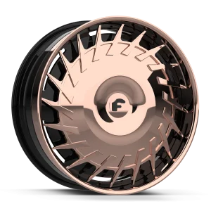 26″ FORGIATO WHEELS K-1-FLOATER GLOSS BLACK WITH ROSE GOLD OVER CHROME FACE AND LIP XL FLOATING CAP FORGED FINISH RIMS